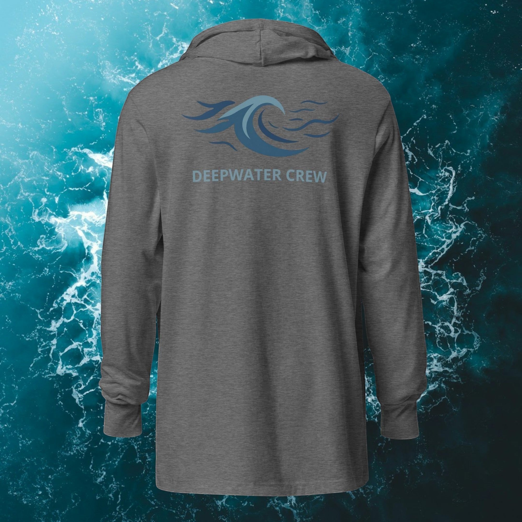 Deepwater Crew Co. grey hooded long-sleeve tee with a blue wave logo and text on the back.