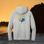 Deepwater Crew Co. light grey long-sleeve performance hooded shirt with a colourful wave compass logo on the back.