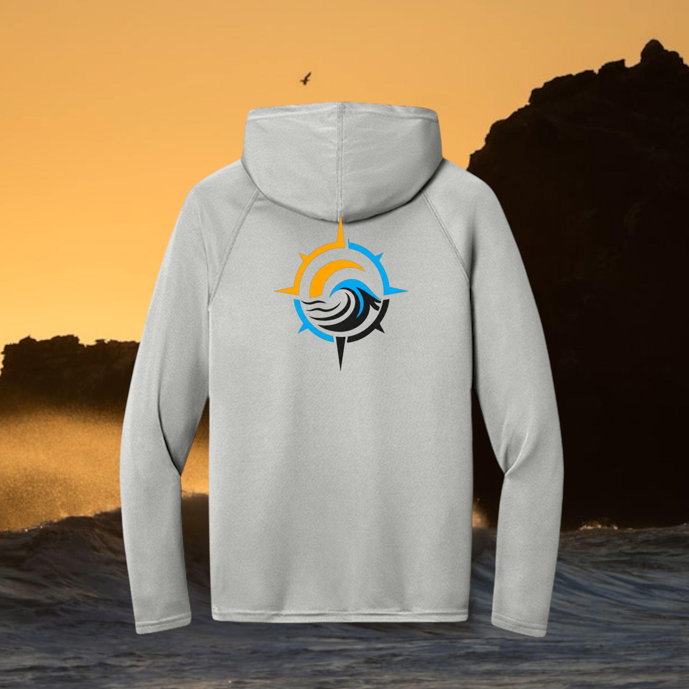 Deepwater Crew Co. light grey long-sleeve performance hooded shirt with a colourful wave compass logo on the back.