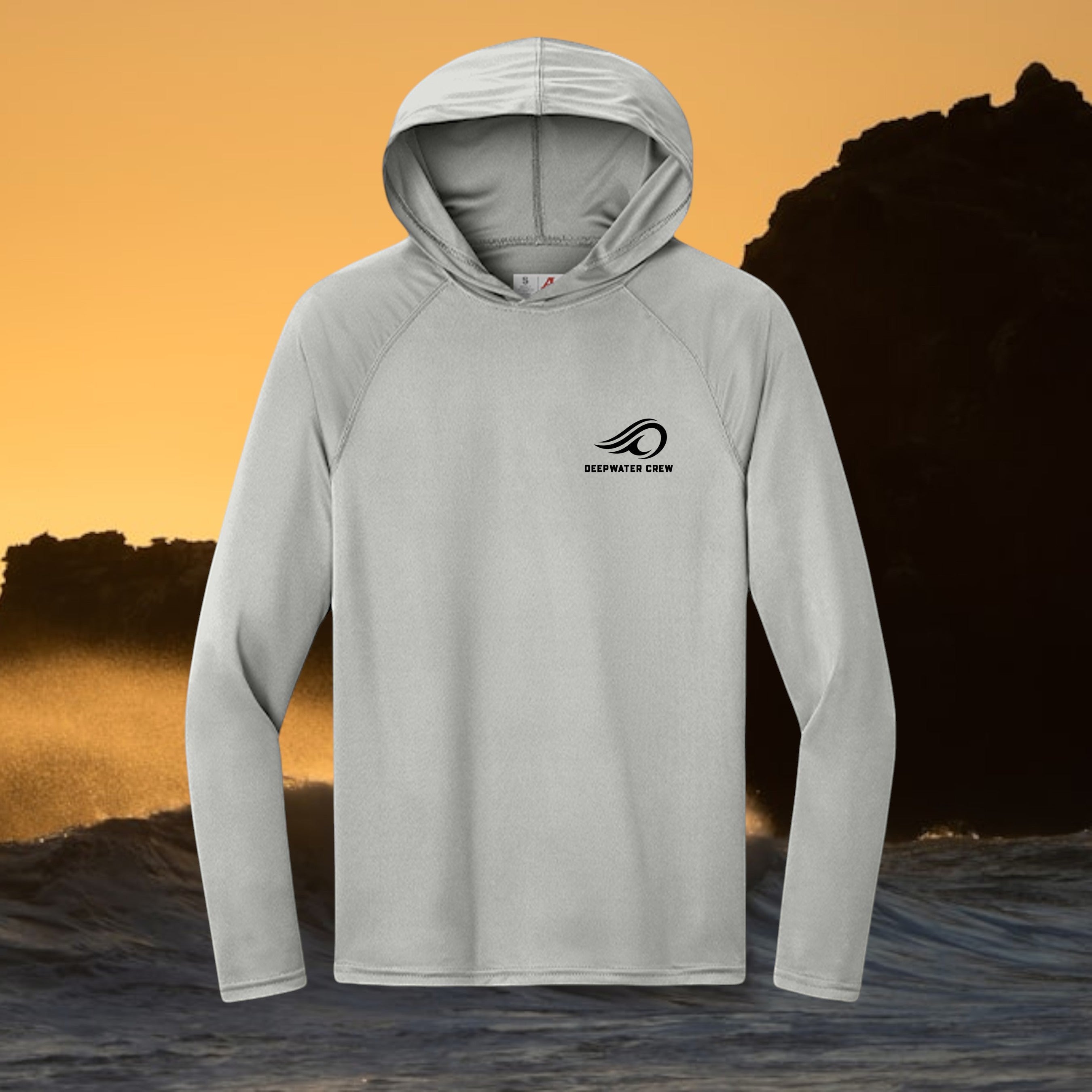 Deepwater Crew Co. light grey long-sleeve hooded performance shirt with moisture-wicking recycled fabric and UPF 44+