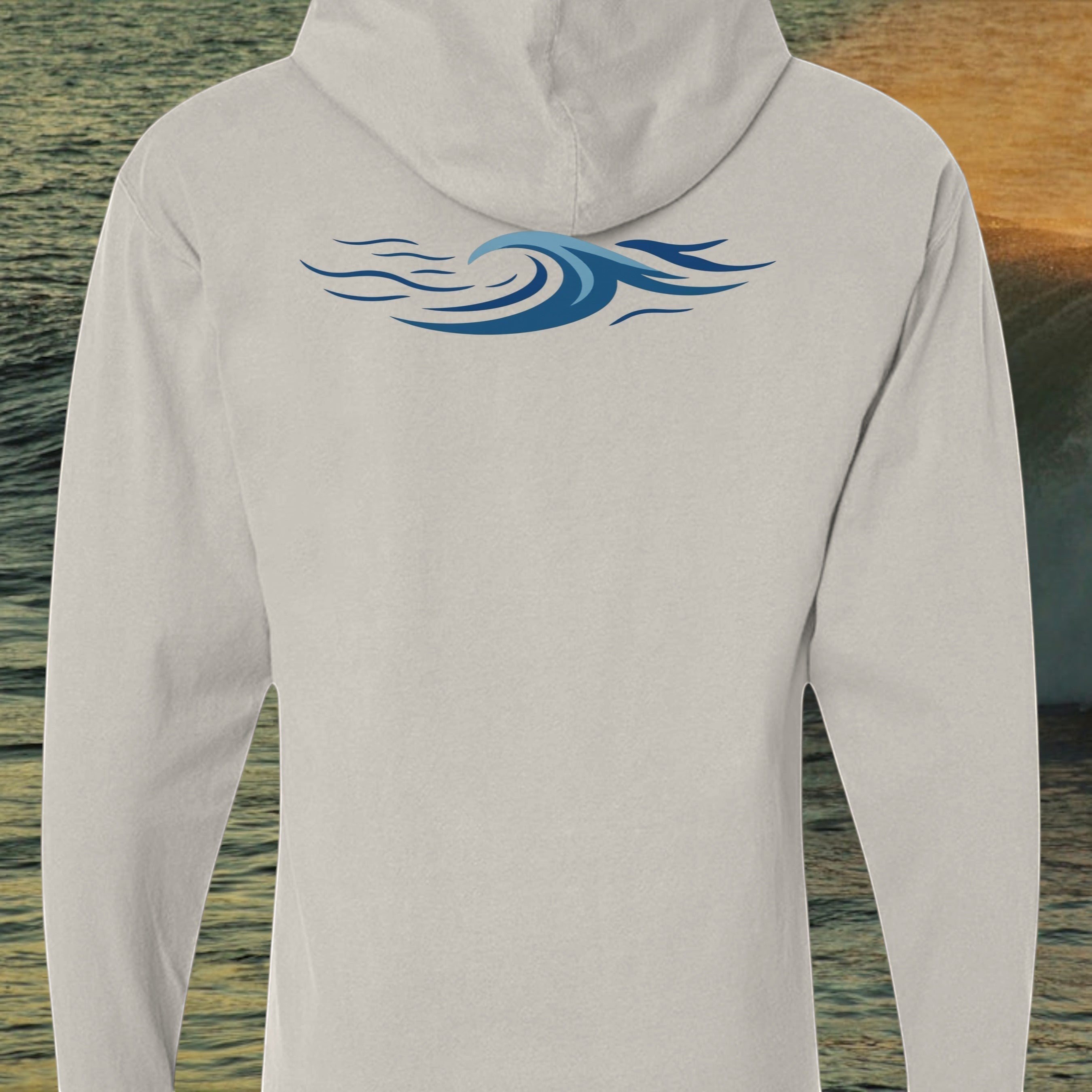Deepwater Crew Co. light grey hooded long sleeve t-shirt with a blue wave graphic on the back