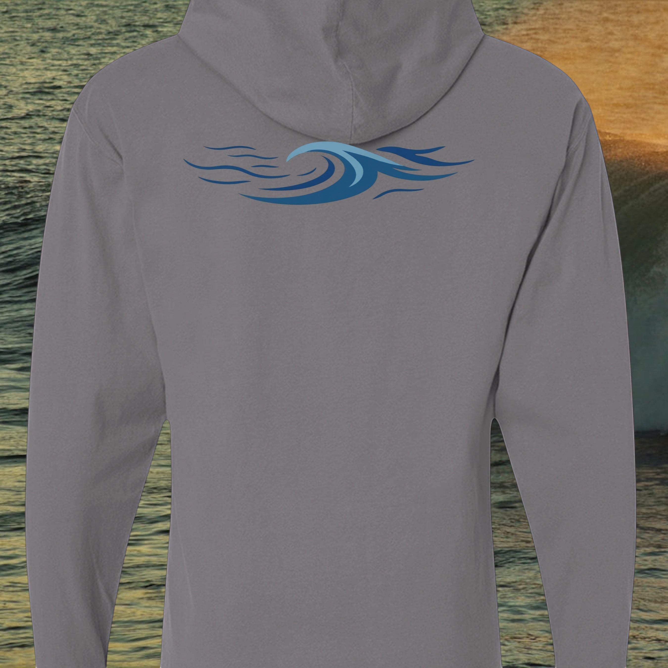 Deepwater Crew Co. grey long sleeve hooded t-shirt with a blue wave graphic on the back