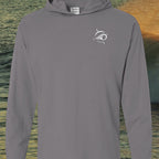 Deepwater Crew Co. grey garment-dyed long sleeve hooded t-shirt with white coastal logo on chest