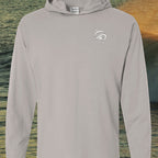 Deepwater Crew Co. light grey long sleeve hooded t-shirt in ring-spun cotton with a small white chest logo