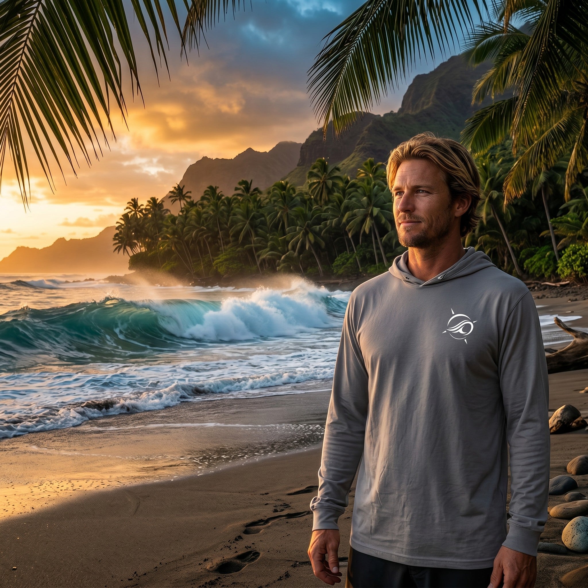 Man wearing a grey Deepwater Crew Co. hooded long sleeve tee on a tropical beach at sunset with crashing waves.