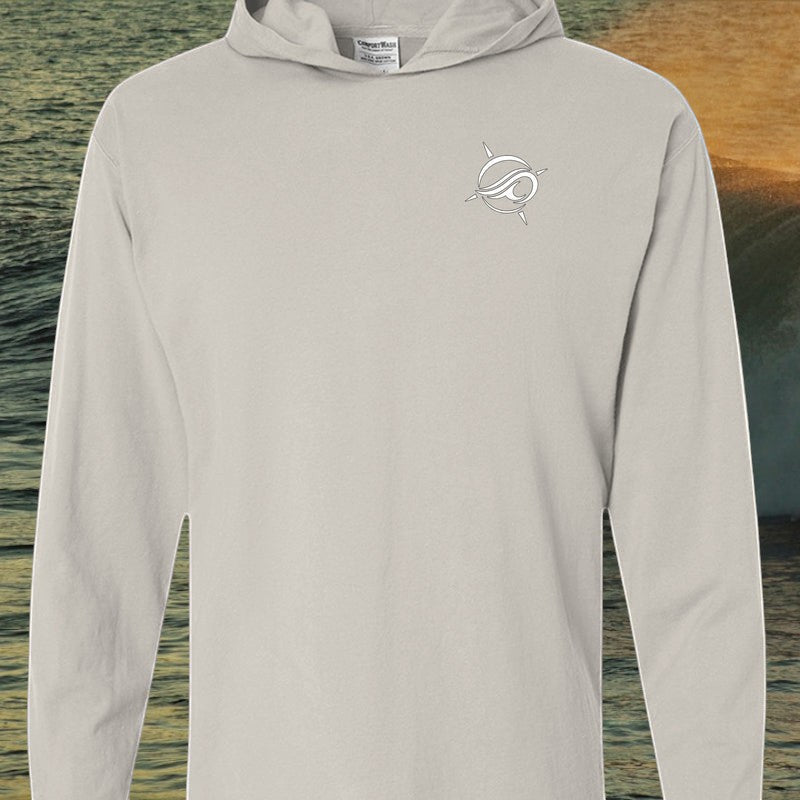 Deepwater Crew Co. light grey ring-spun cotton hooded long sleeve t-shirt with a small chest logo