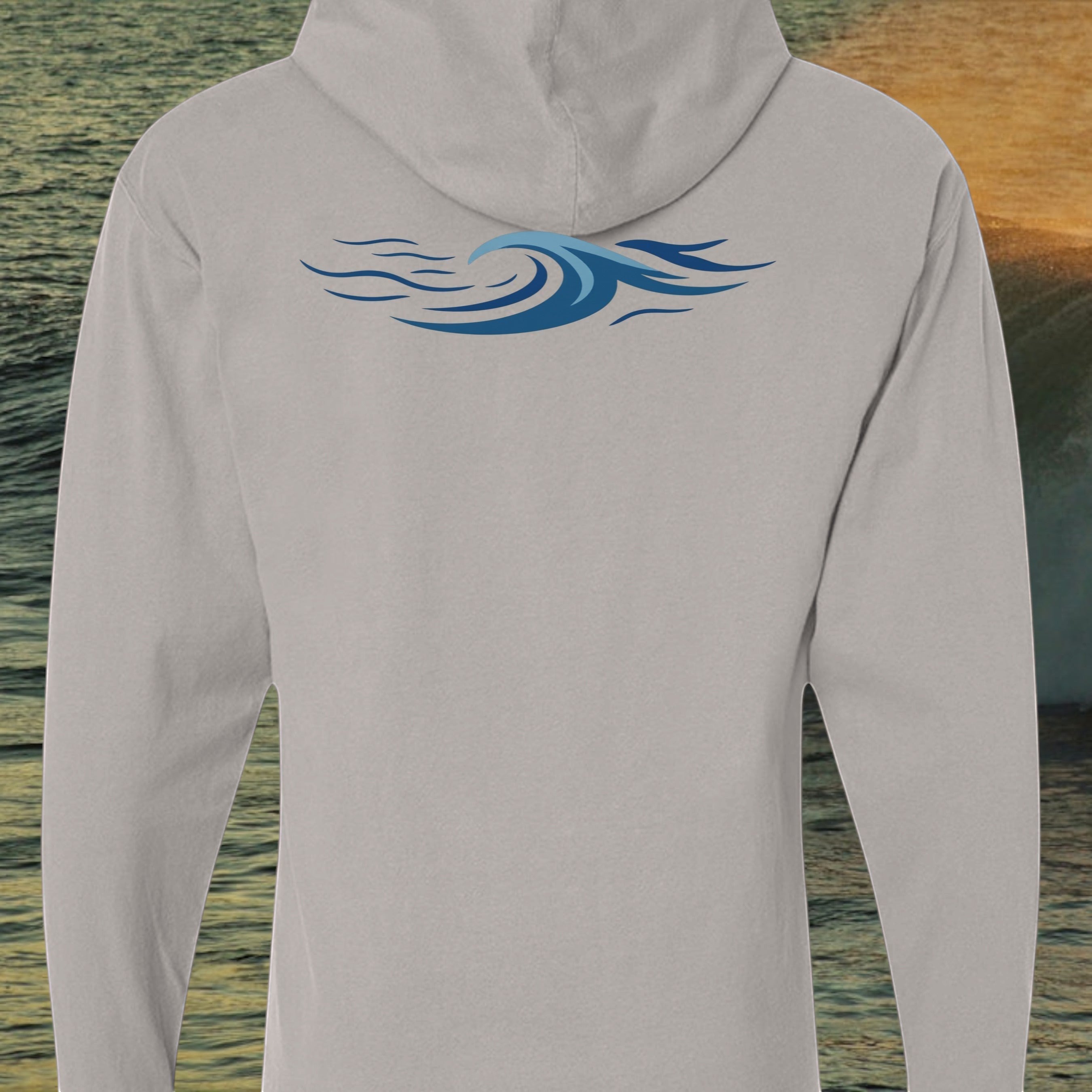 Deepwater Crew Co. light grey garment-dyed cotton hooded long sleeve t-shirt with blue wave graphic on the back