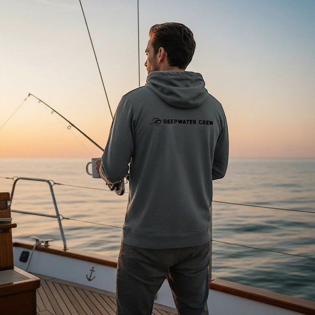 Deepwater Crew Co. grey tri-blend long-sleeve hooded tee with logo on back, worn by man fishing on a boat at sunset.