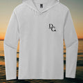 Deepwater Crew Co. light grey tri-blend long sleeve hoodie with a black logo on the chest against a sunset background.