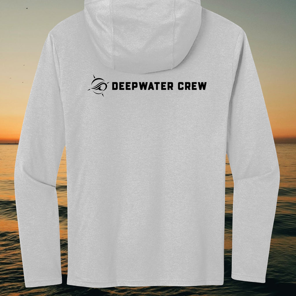 Deepwater Crew Co. light grey long sleeve tri-blend hoodie with black logo on the back against a sunset ocean view.