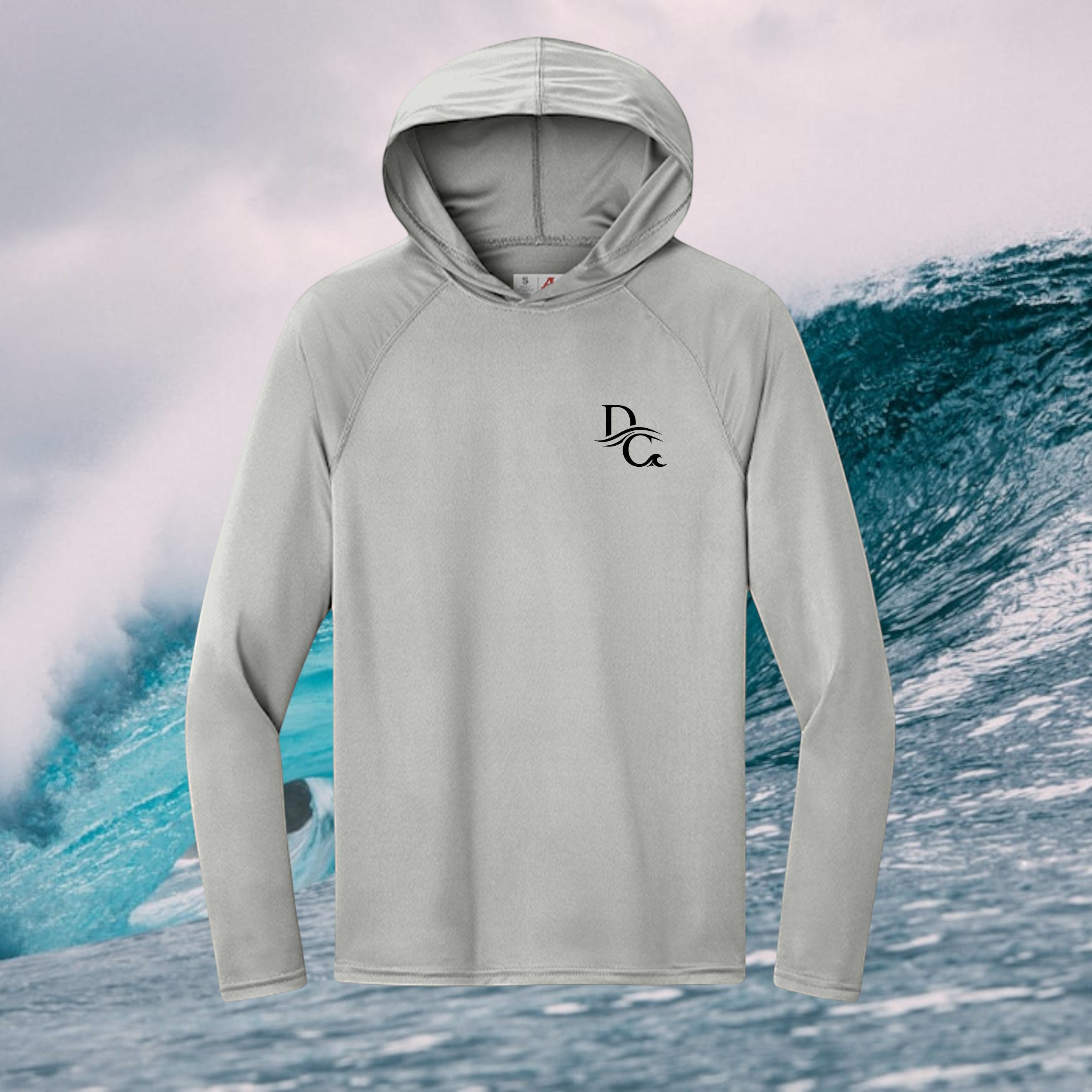 Deepwater Crew Co. light grey long-sleeve performance hooded shirt with moisture-wicking fabric and UPF 44+ protection.