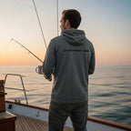 Deepwater Crew Co. grey tri-blend long sleeve hoodie with chest logo worn by a man fishing on a boat at sunset.