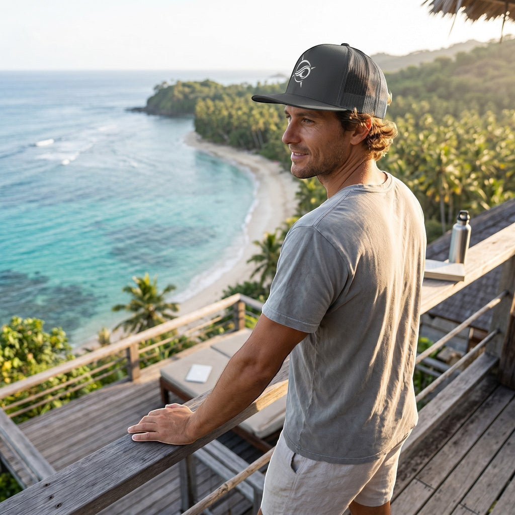 Deepwater Crew Co. grey trucker cap with flat bill and embroidered logo worn by a man overlooking a tropical beach