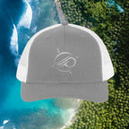 Deepwater Crew Co. grey cotton-polyester trucker hat with white mesh back and embroidered wave logo.