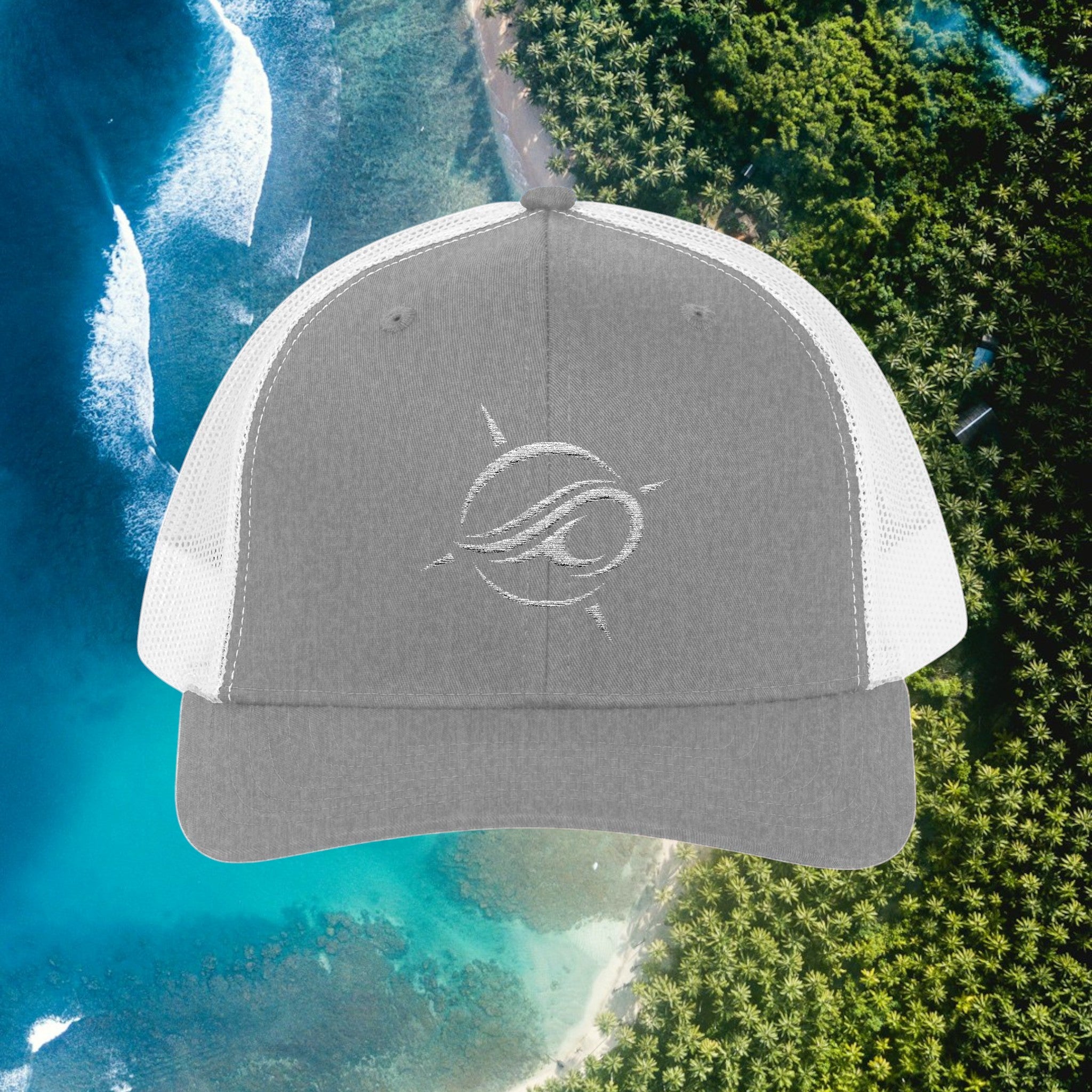 Deepwater Crew Co. grey cotton-polyester trucker hat with white mesh back and embroidered wave logo.