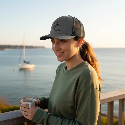 Deepwater Crew Co. grey trucker hat with black mesh back and embroidered wave logo, worn by a woman holding a mug.