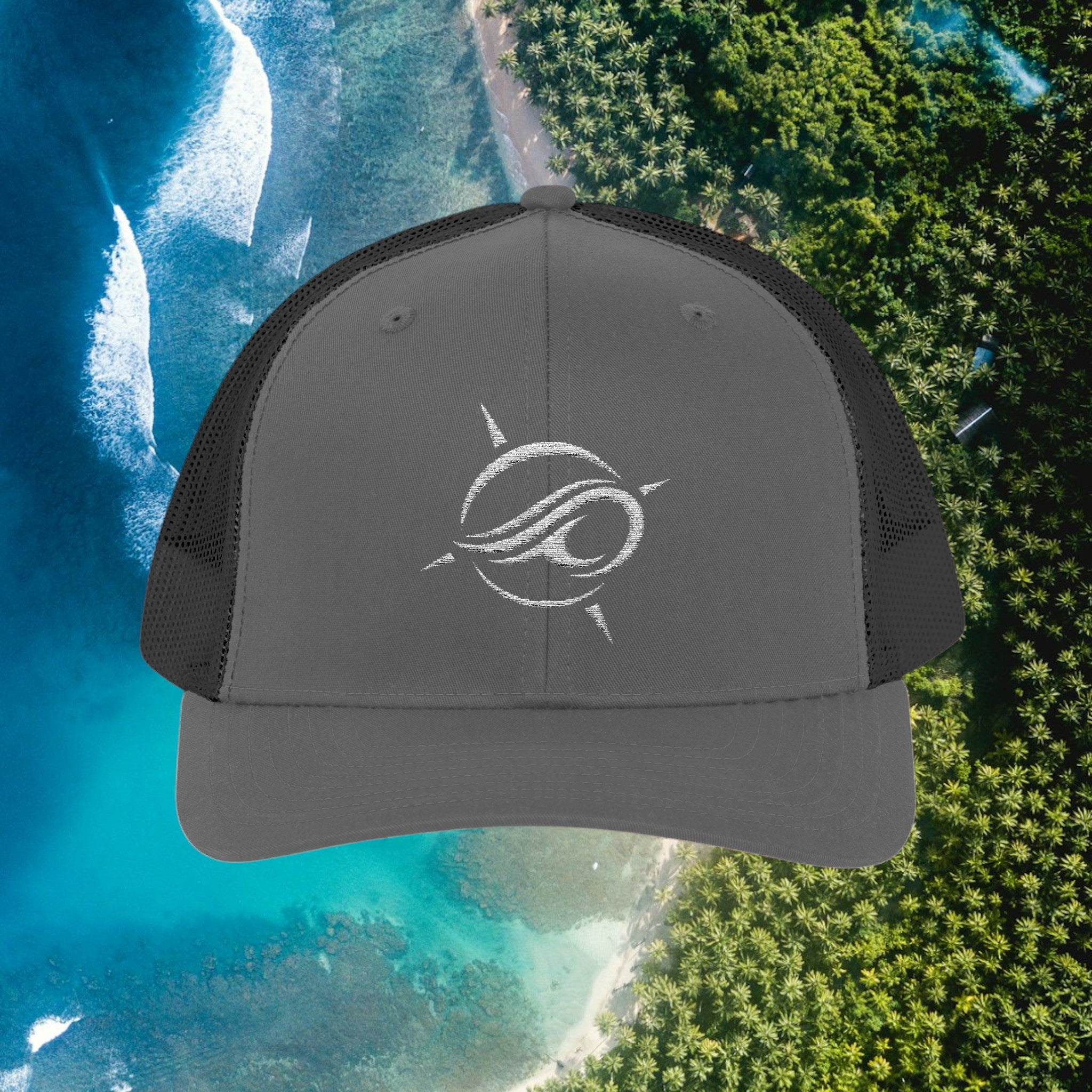 Deepwater Crew Co. grey trucker hat with embroidered wave logo, mesh back, and adjustable snapback closure.