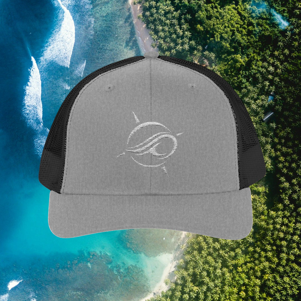 Deepwater Crew Co. grey cotton-polyester trucker hat with white embroidered wave logo and black mesh back.