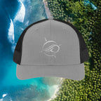 Deepwater Crew Co. grey cotton-polyester trucker hat with white embroidered wave logo and black mesh back.