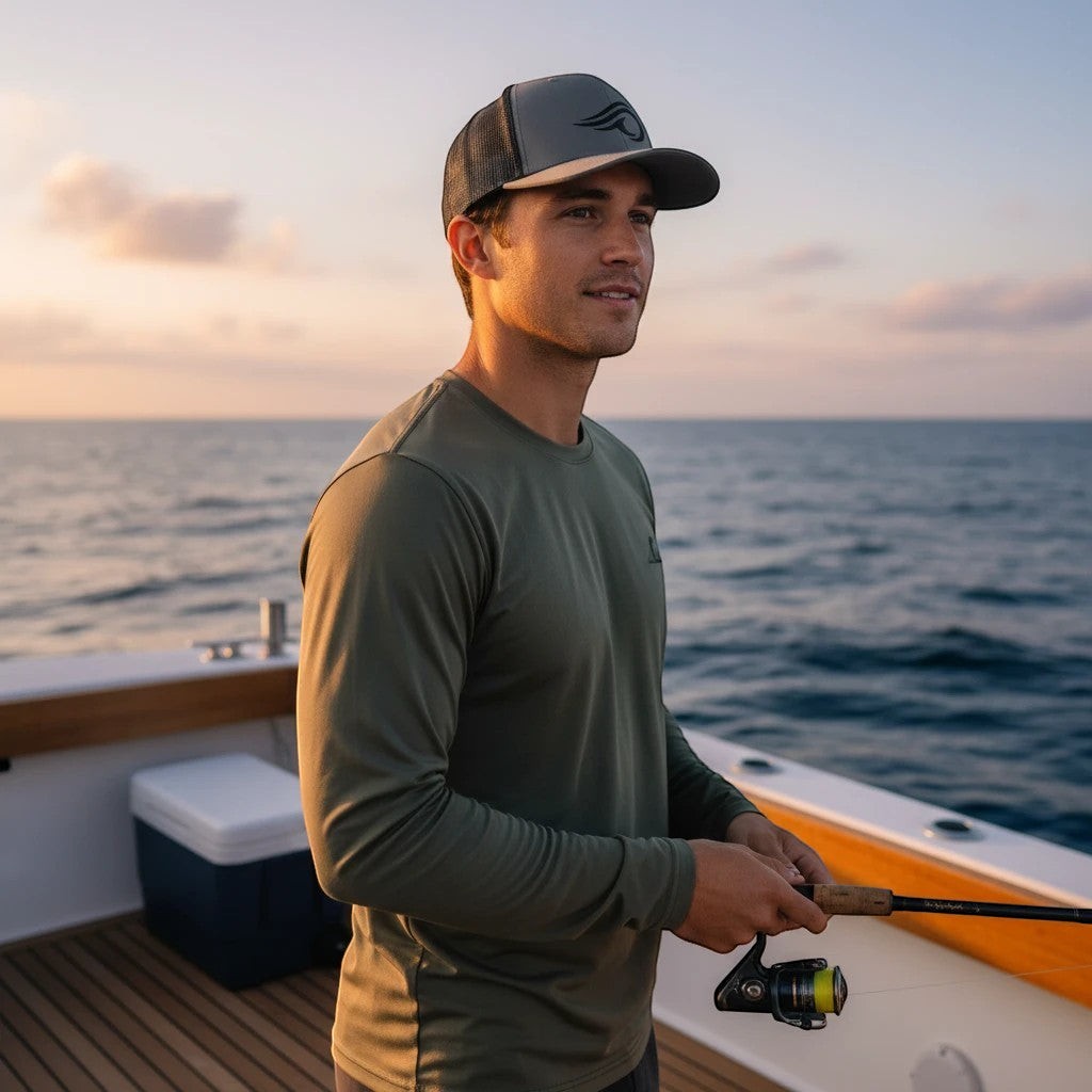 Deepwater Crew Co. grey trucker hat with embroidered wave logo, mesh back, and curved brim, worn by a man fishing on a boat.