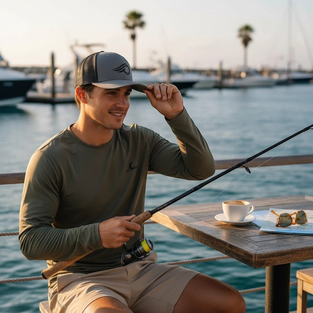Deepwater Crew Co. grey trucker hat with embroidered wave logo, mesh back, and curved brim. Man fishing by the water.