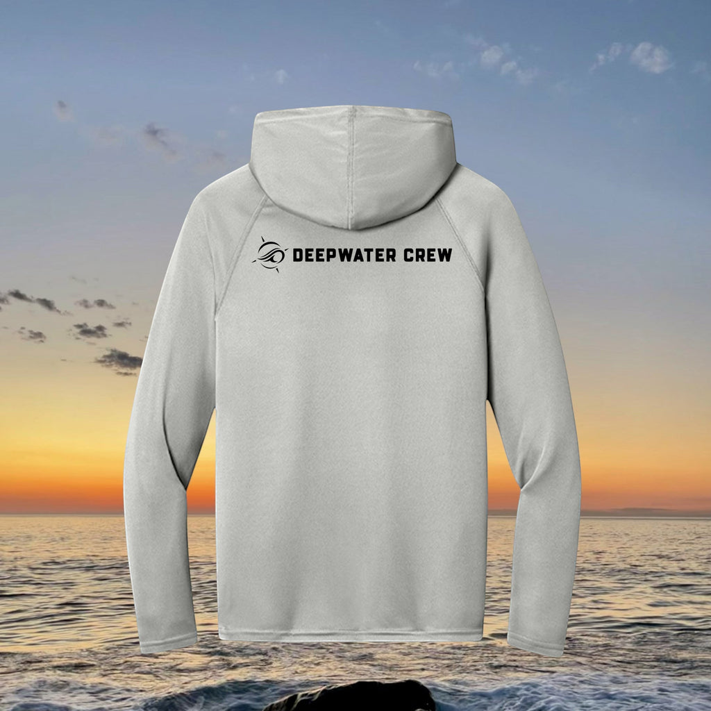 Deepwater Crew Co. light grey performance UPF hoodie with back logo, featuring moisture-wicking recycled fabric.