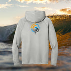 Deepwater Crew Co. light grey performance UPF hoodie with a compass wave logo on the back against an ocean wave