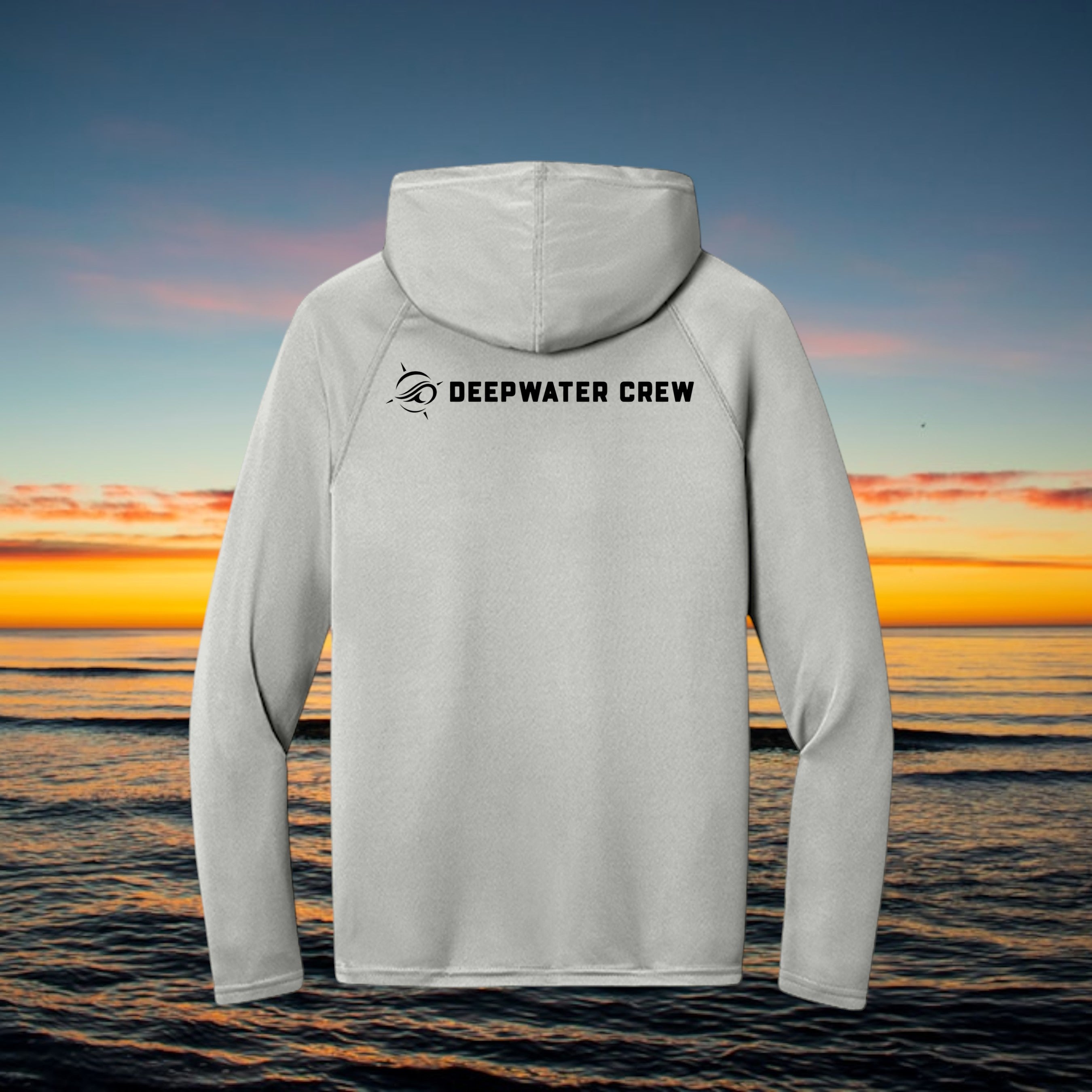 Back view of a light grey Deepwater Crew Co. UV performance hoodie with black logo on the upper back