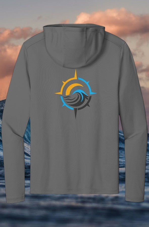 Deepwater Crew Co. grey polyester UV hoodie with compass and wave logo on back. UPF 50 sun protection.