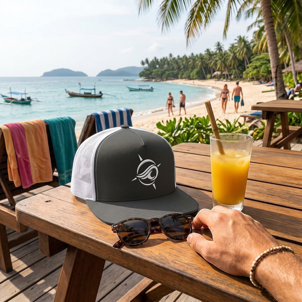 Deepwater Crew Co. grey and white trucker cap with embroidered logo on a beachside table with sunglasses and juice