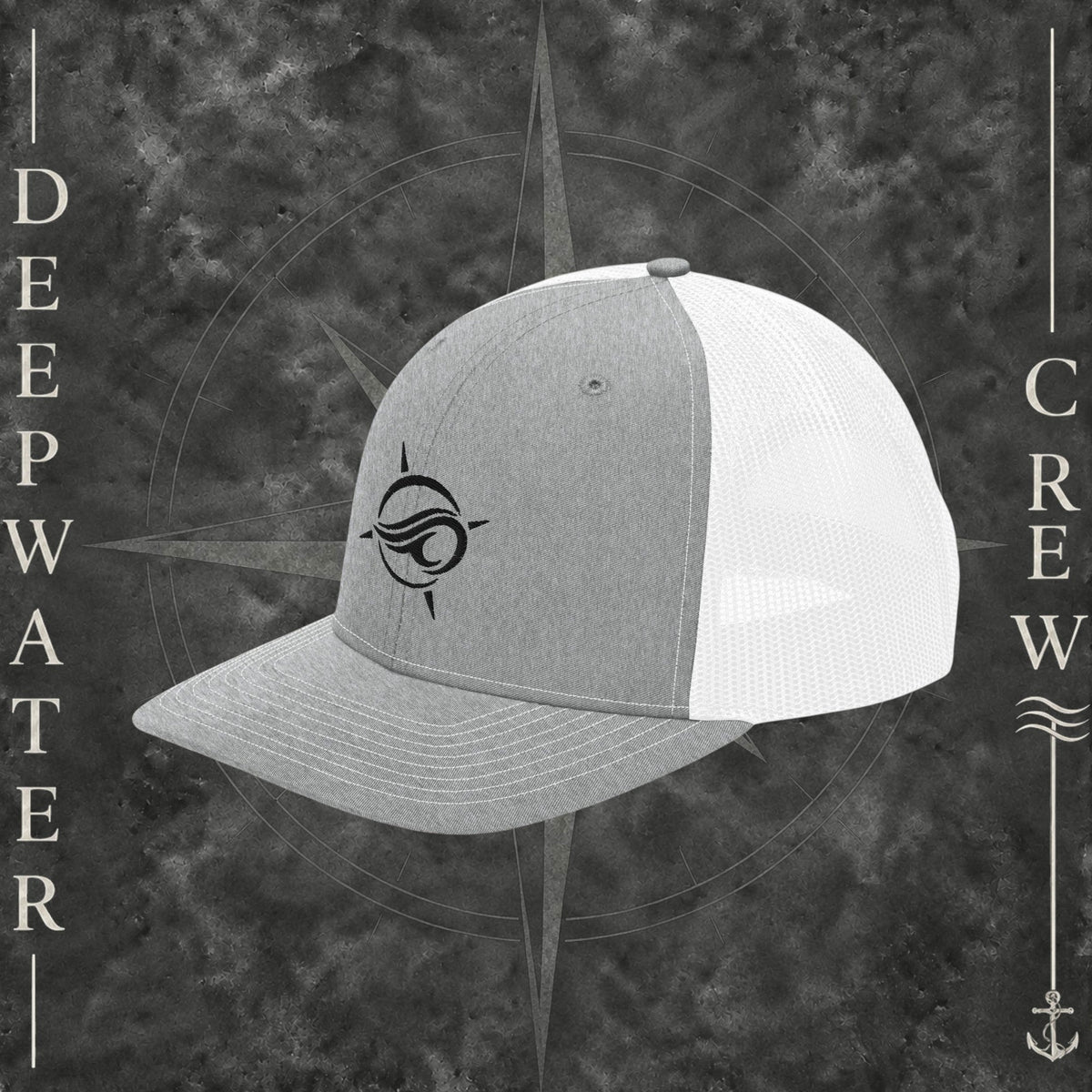 Deepwater Crew Co. grey and white trucker cap with embroidered wave logo and breathable mesh back