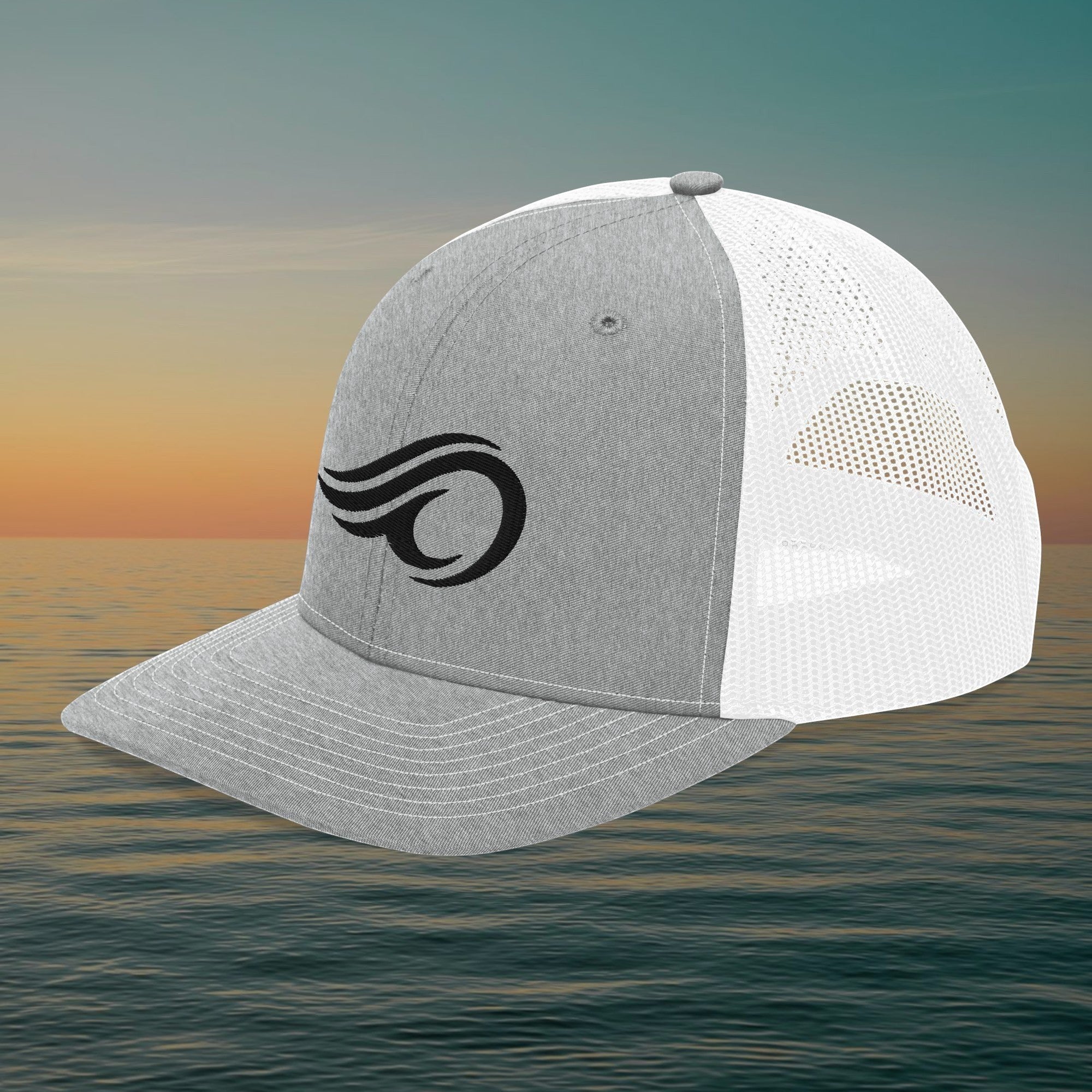 Deepwater Crew Co. grey and white trucker cap with a black embroidered wave logo and breathable mesh back