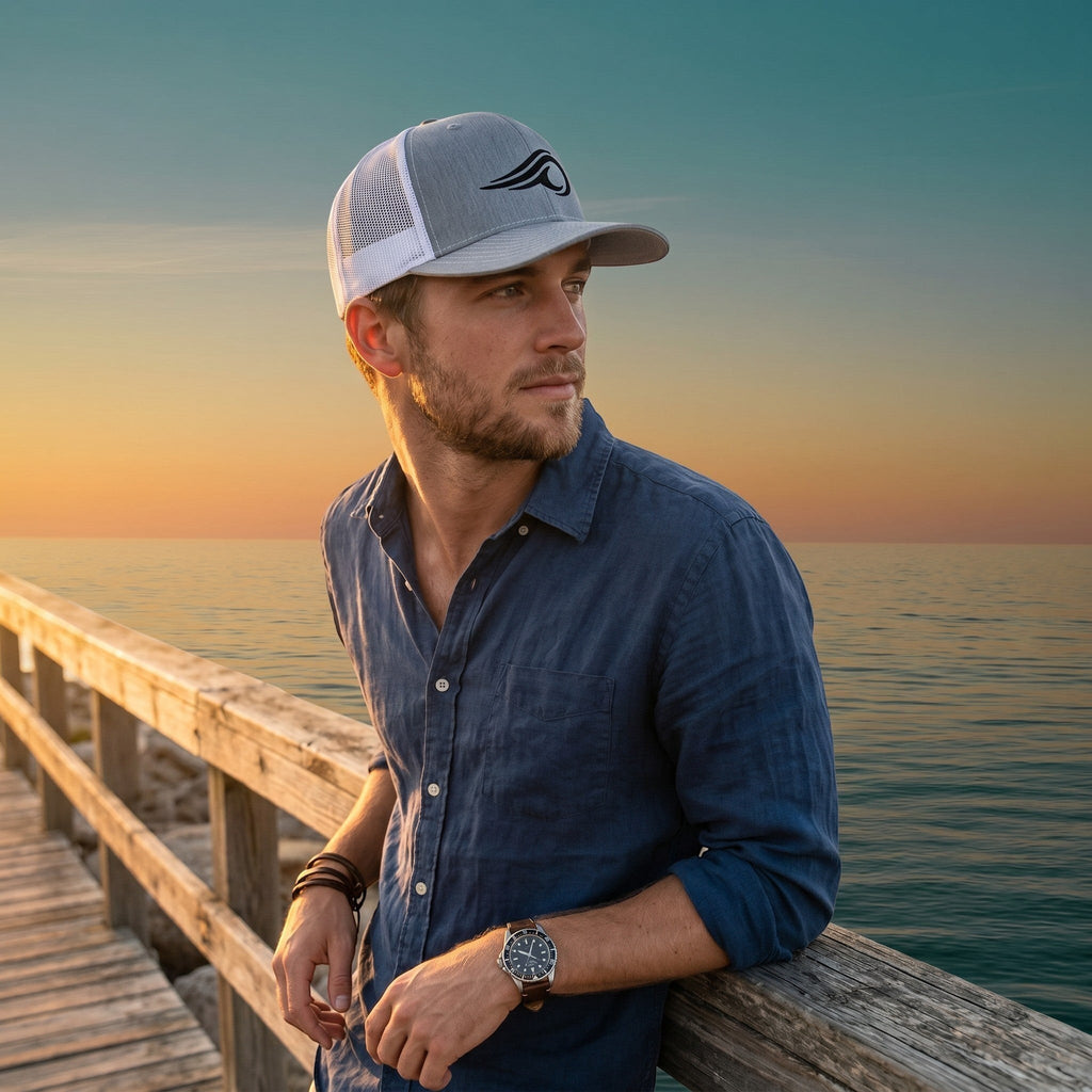 Deepwater Crew Co. grey and white mesh trucker cap with wave logo worn by a man on a wooden pier at sunset.
