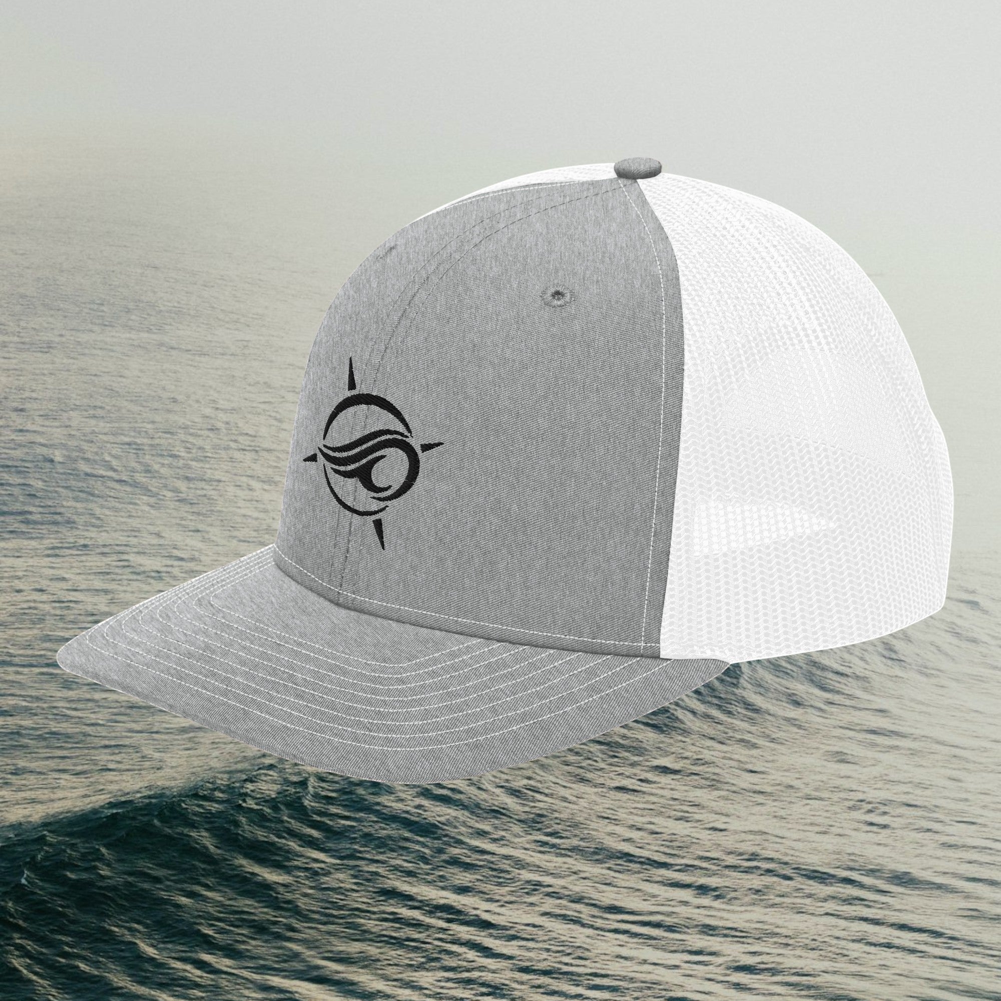 Deepwater Crew Co. grey and white trucker cap with embroidered wave logo and breathable mesh back