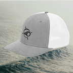 Deepwater Crew Co. Horizon coastal trucker hat in grey and white with an embroidered wave-and-compass logo.