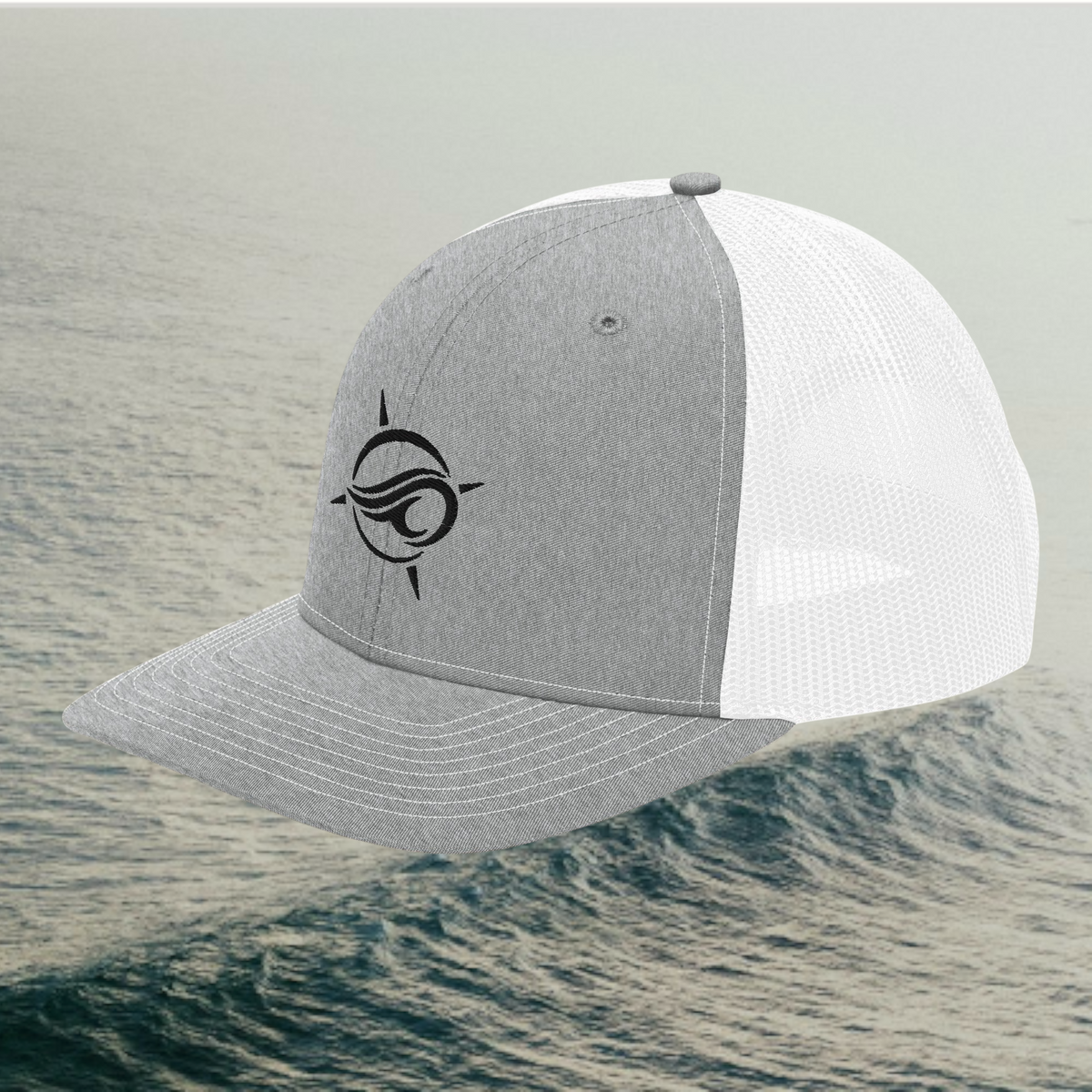 Deepwater Crew Co. Horizon coastal trucker hat in grey and white with an embroidered wave-and-compass logo.