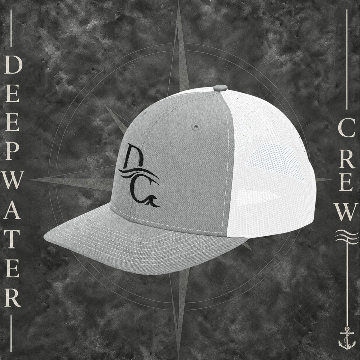 Deepwater Crew Co. grey and white trucker hat with embroidered wave logo and breathable mesh back