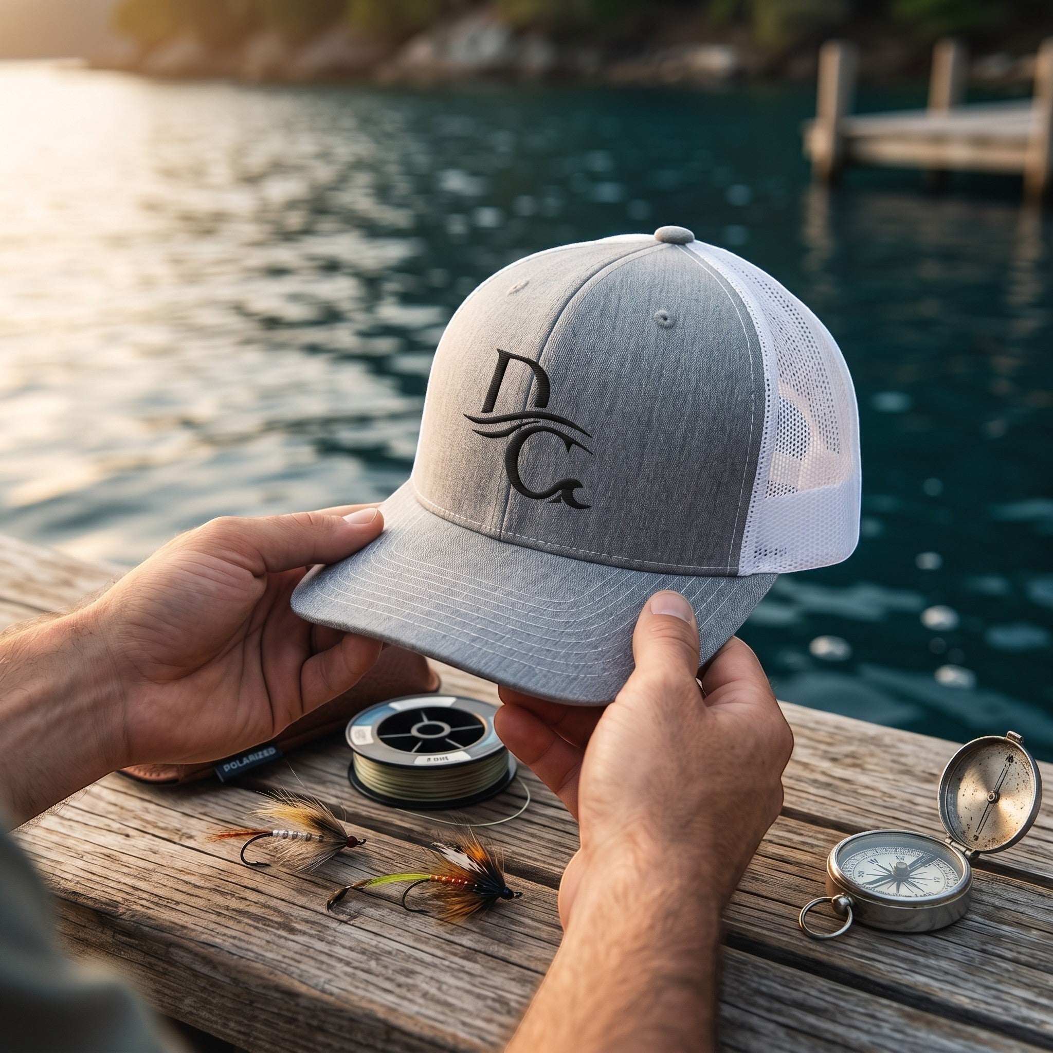 Deepwater Crew Co. grey and white mesh trucker hat with embroidered logo held over a wooden dock by the water.
