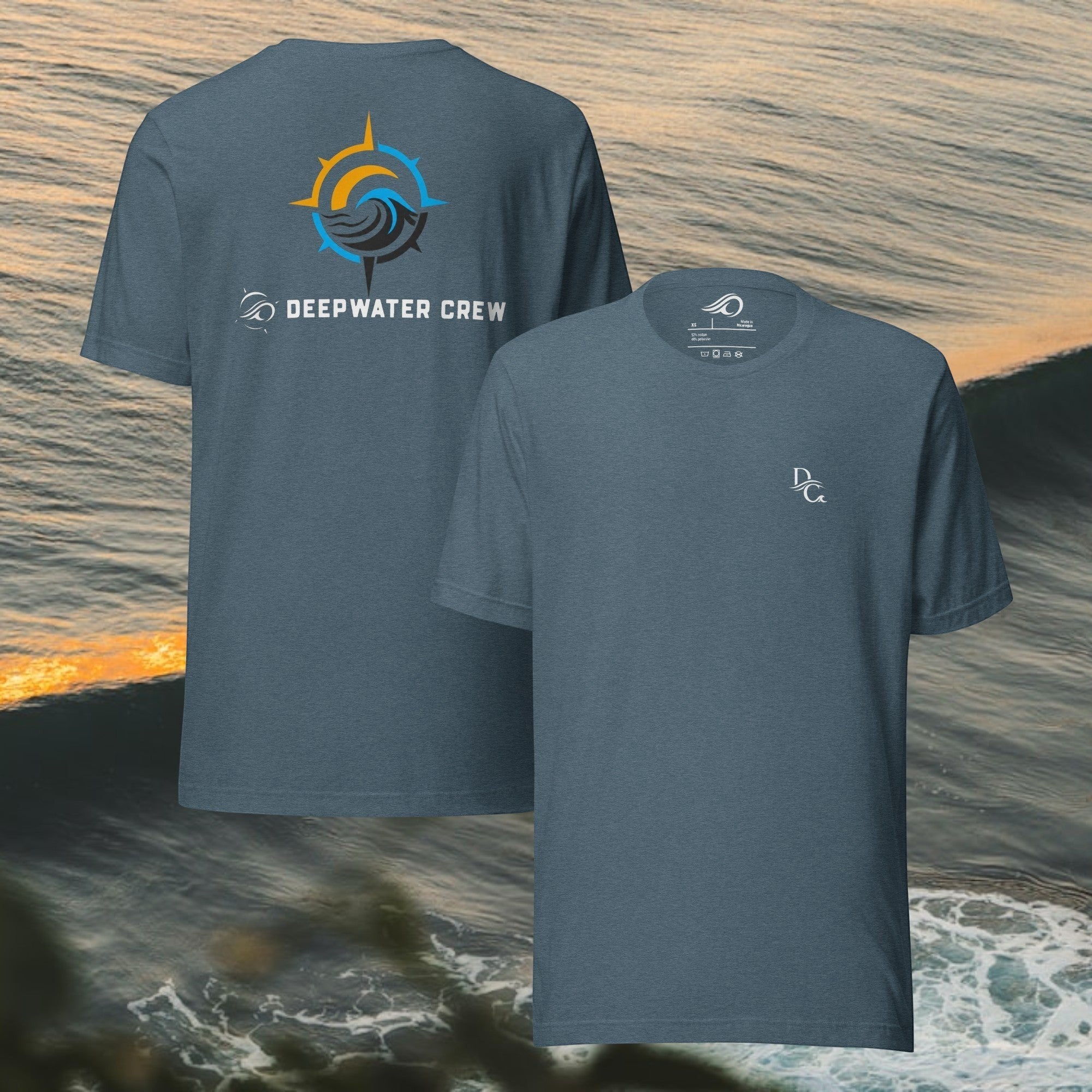 Deepwater Crew Co. heather blue cotton crew neck t-shirt with front logo and large back compass graphic