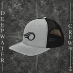Deepwater Crew Co. heather gray and black Richardson 112 trucker hat with black embroidered wave logo, breathable mesh back, and structured six-panel design with snapback closure.
