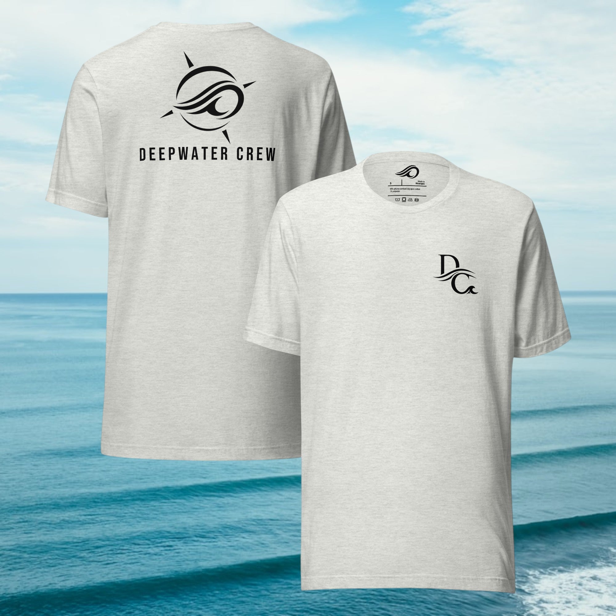 Deepwater Crew Co. heather grey 100% cotton crew neck t-shirt with small logo on front and large logo on back.