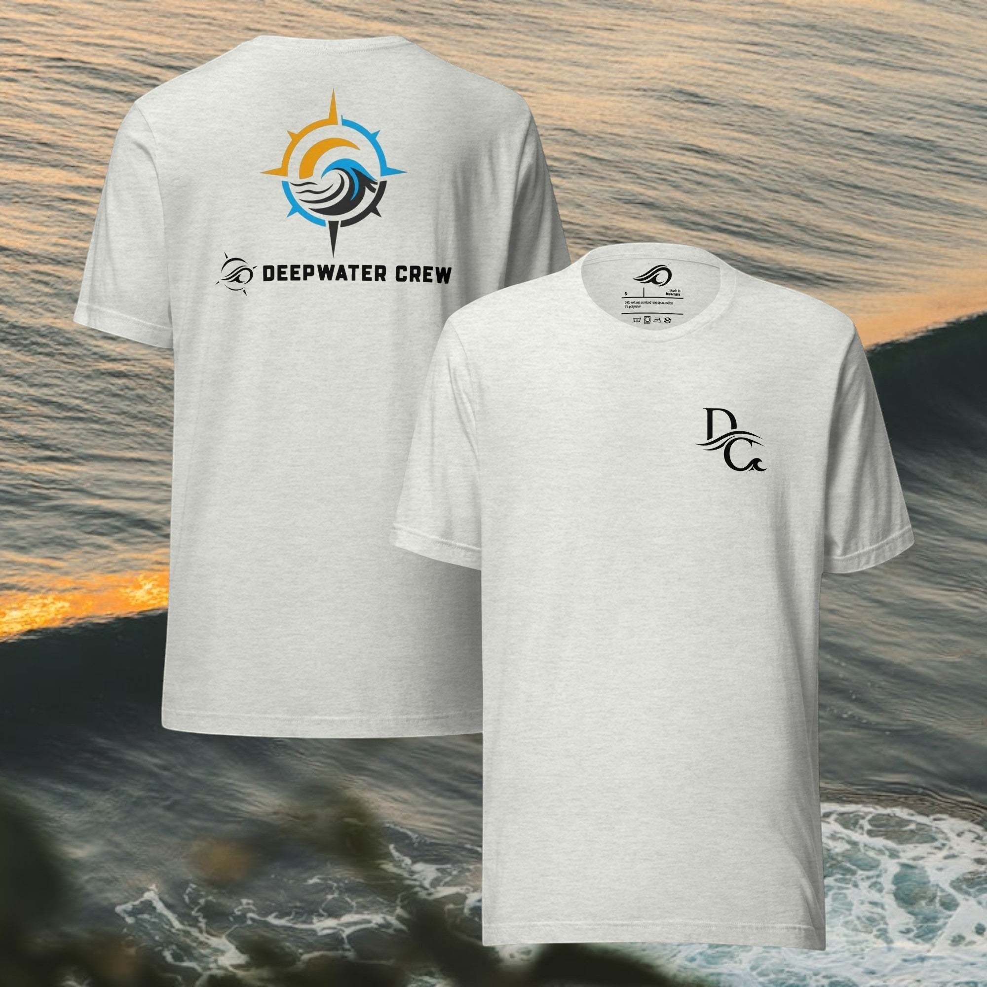 Deepwater Crew Co. heather grey crew neck t-shirt with small logo on front and large compass wave logo on back.