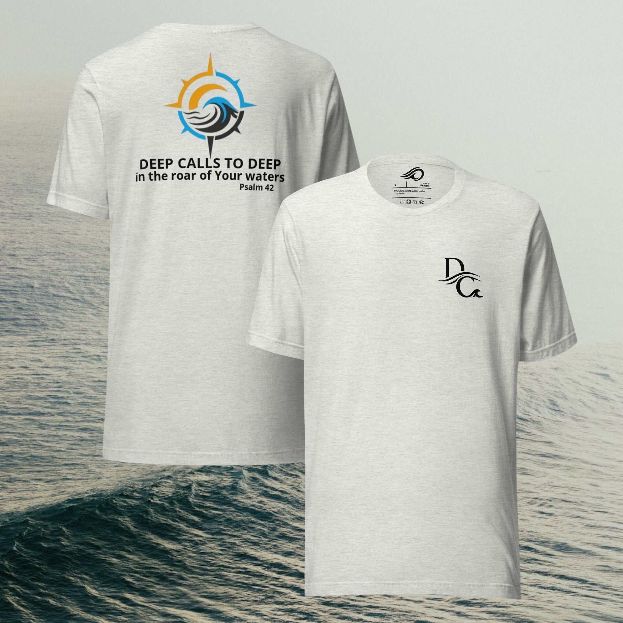 Deepwater Crew Co. light heather grey crew neck t-shirt with small logo on chest and large graphic on back.