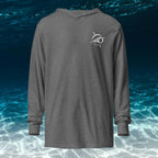 Deepwater Crew Co. heather grey long-sleeve hooded tee with crossover V-neck and white logo on chest.