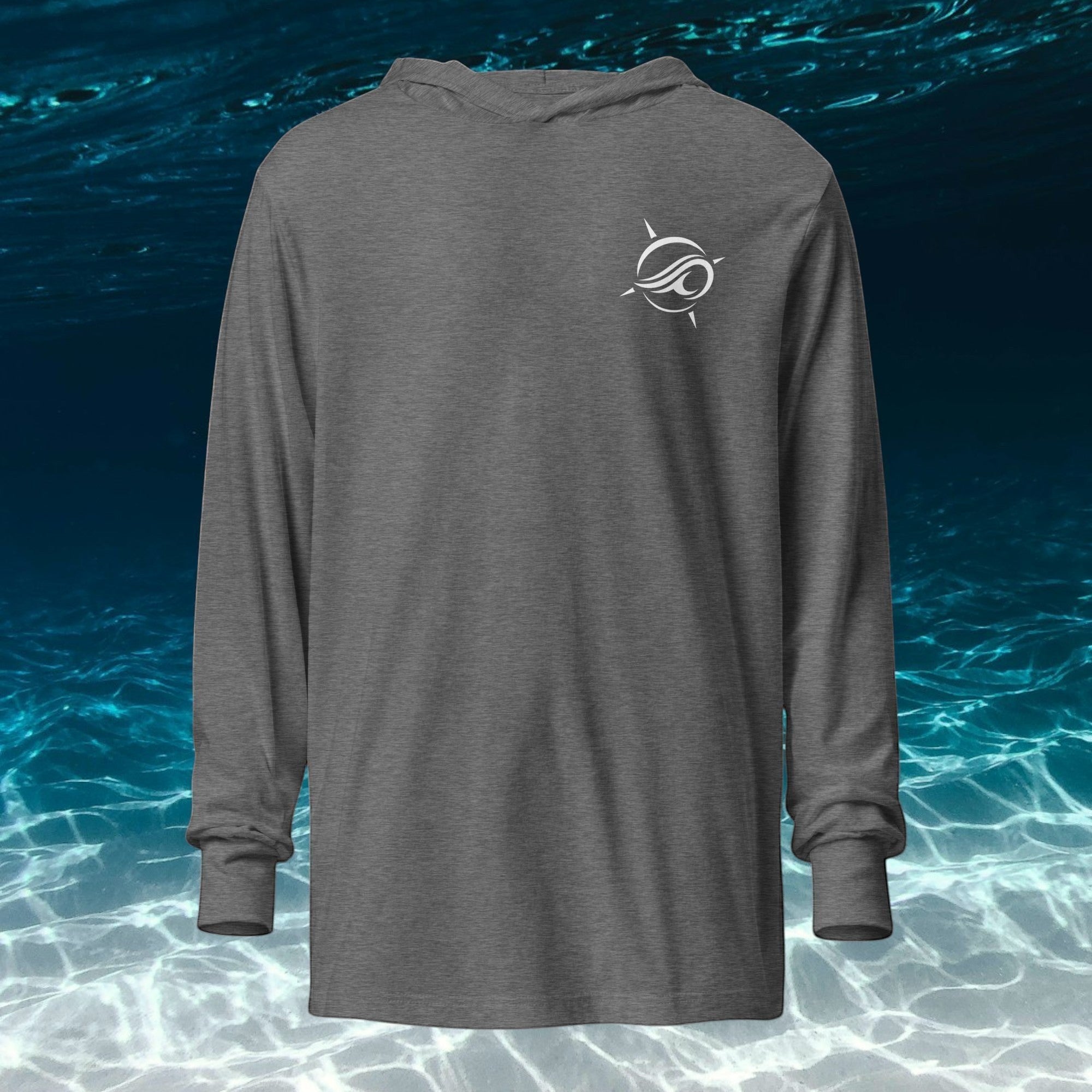 Deepwater Crew Co. heather grey long-sleeve hooded tee with crossover V-neck and white logo on chest.