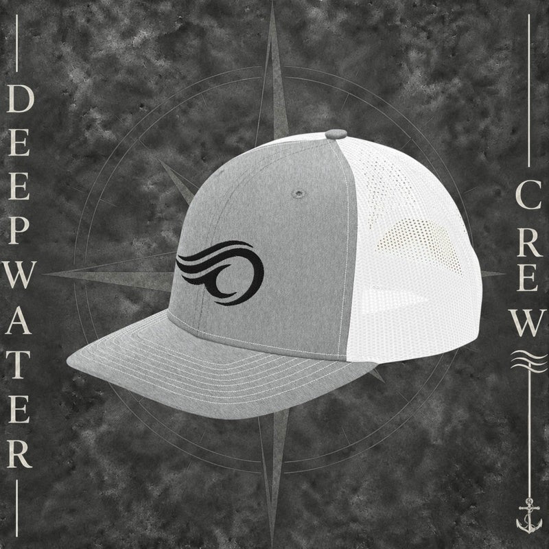 Deepwater Crew Co. heather gray and white Richardson 112 trucker hat with black embroidered wave logo, breathable mesh back, and structured six-panel design with snapback closure.