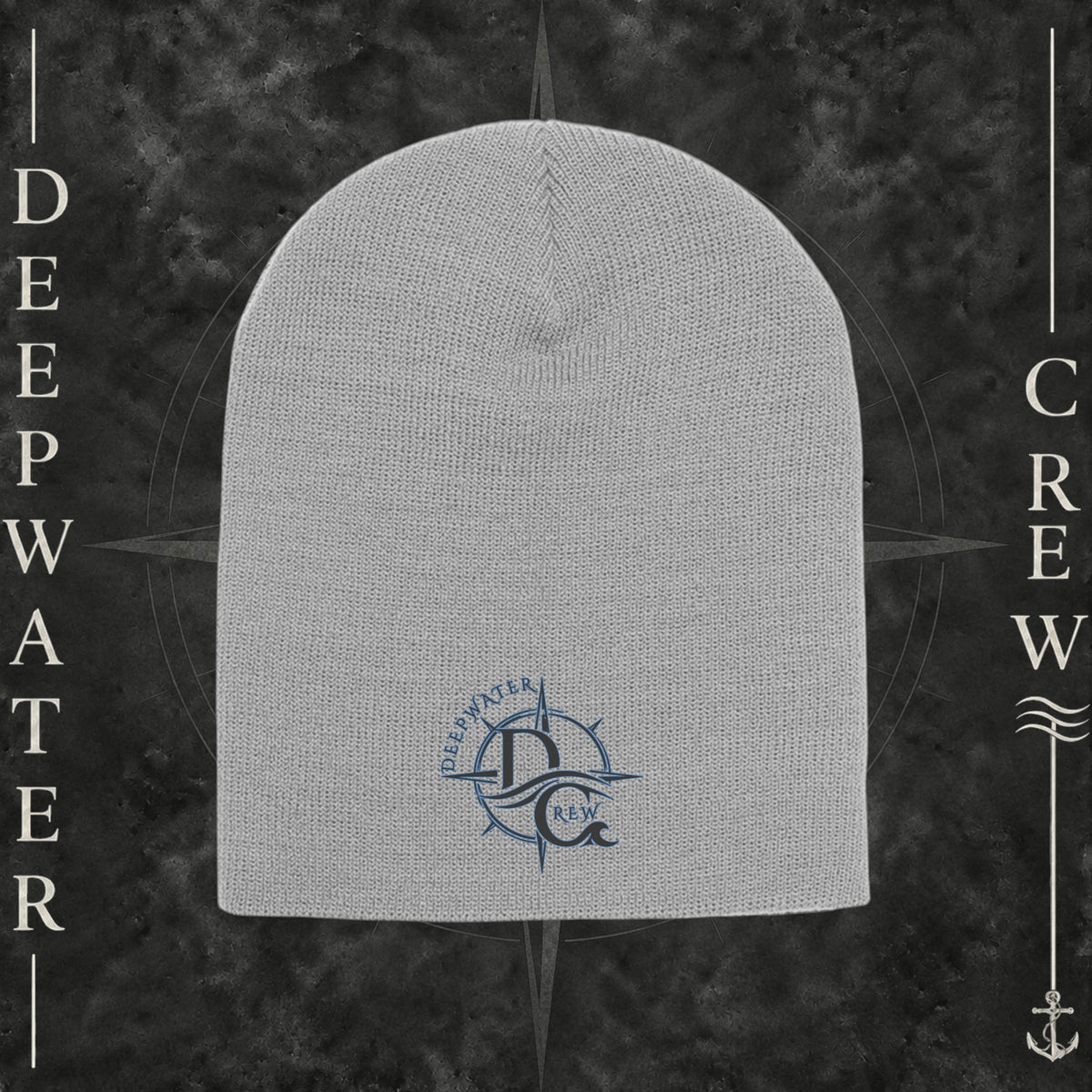 Heather Deepwater Crew Co. knit beanie with front compass logo, Yupoong 1500 acrylic cap
