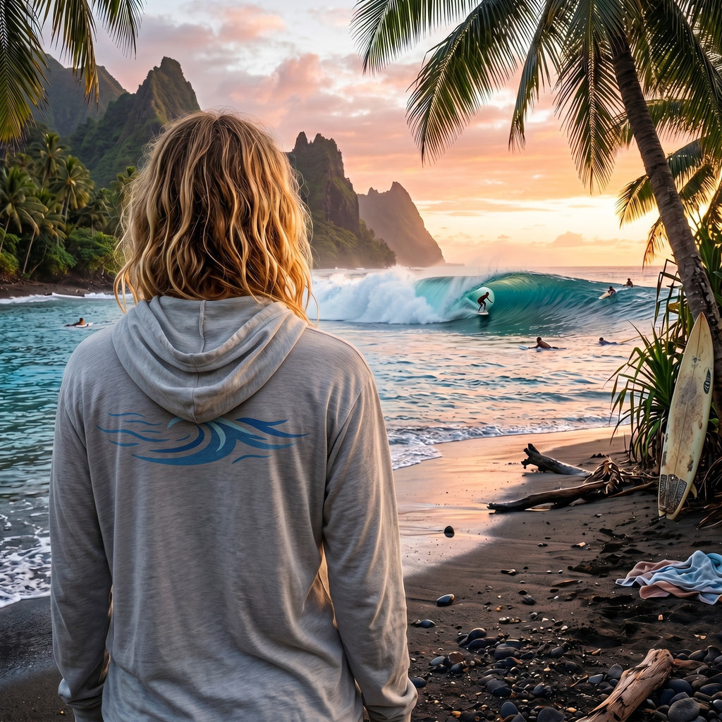 Deepwater Crew Co. hooded long sleeve tee with blue wave graphic, worn by a person on a tropical beach at sunset.