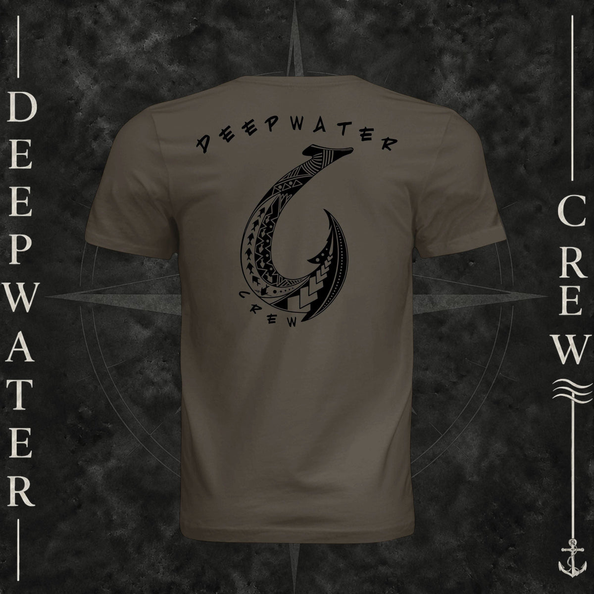 Army Deepwater Crew Co. Hooked crewneck T-shirt, back view with large tribal-style fish hook graphic and Deepwater Crew lettering.