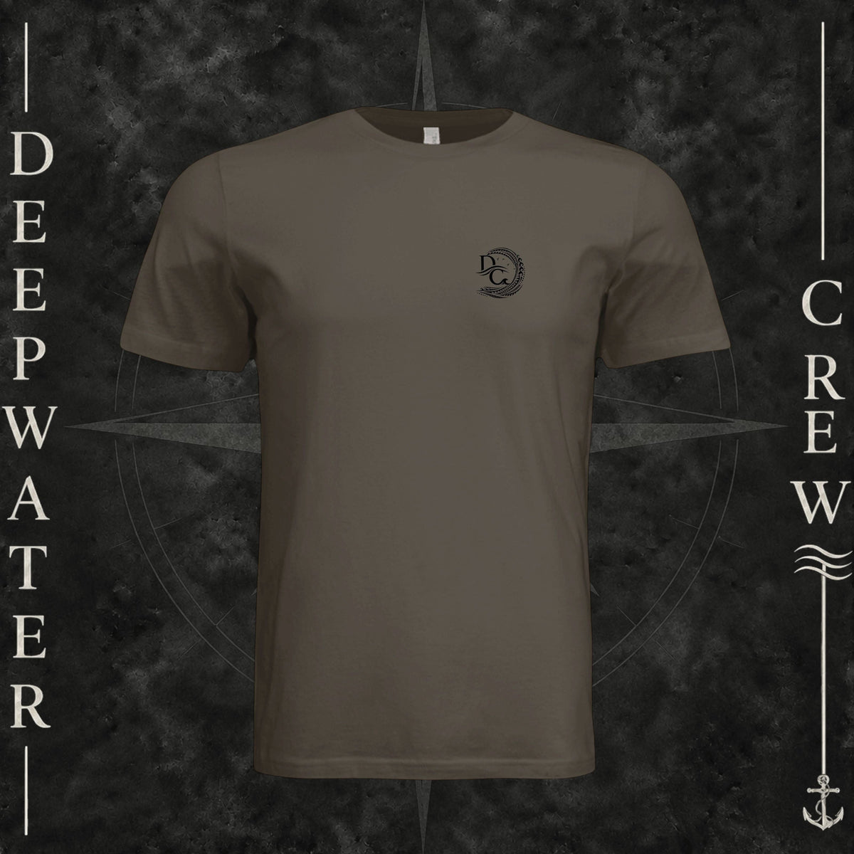 Army Deepwater Crew Co. Hooked crewneck T-shirt, front view with small DC wave crest chest logo.
